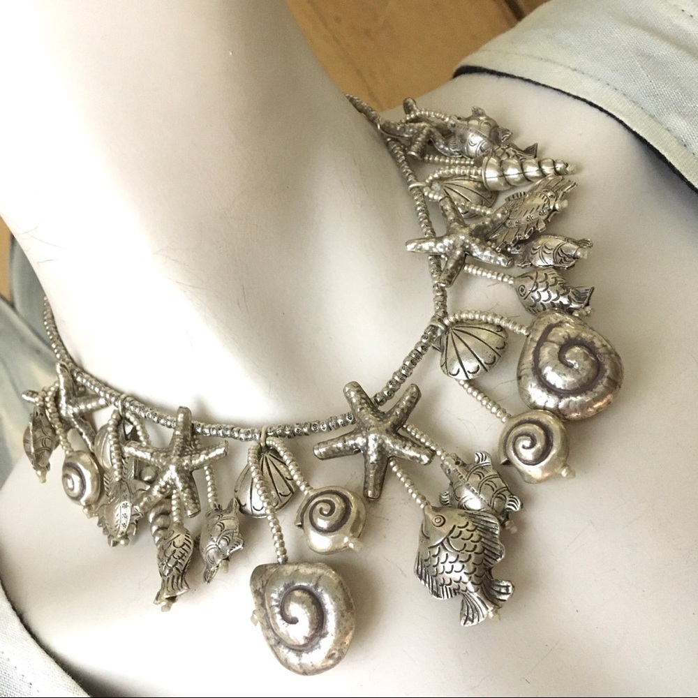Sterling silver charm shell dangling fish necklace